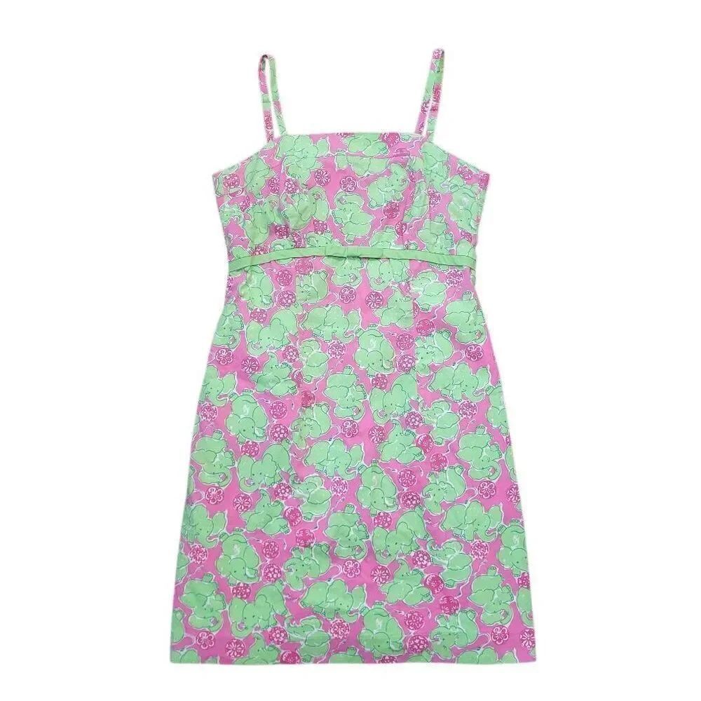 Vintage 90s Key West Dress Women's M Pink Green Elephant Tropical Resort Summer